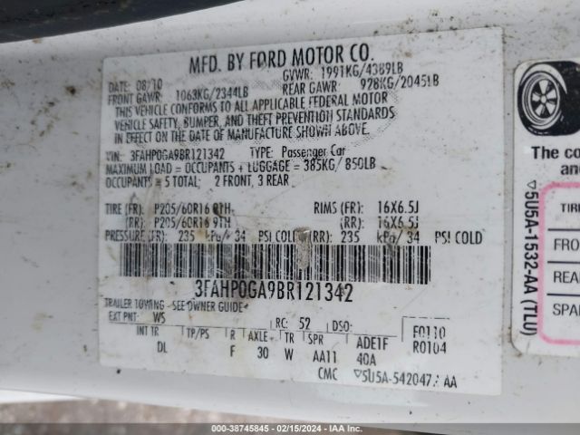 Photo 8 VIN: 3FAHP0GA9BR121342 - FORD FUSION 