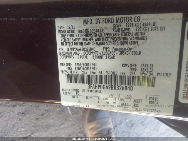 Photo 8 VIN: 3FAHP0GA9BR326840 - FORD FUSION 