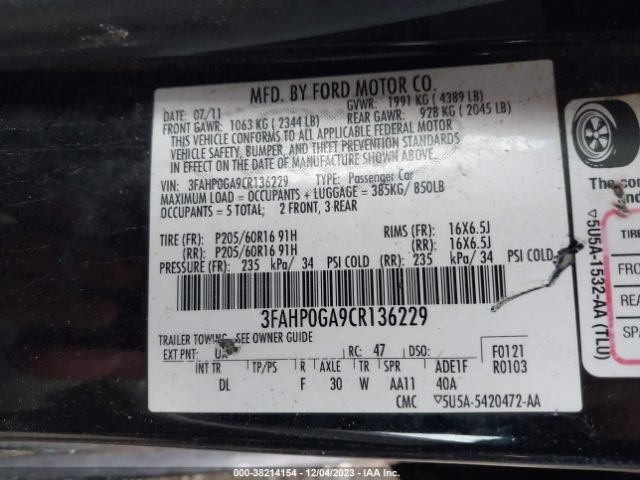 Photo 8 VIN: 3FAHP0GA9CR136229 - FORD FUSION 