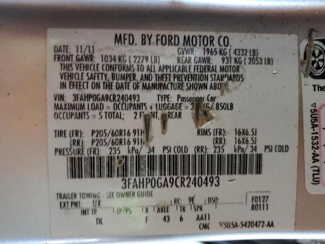 Photo 9 VIN: 3FAHP0GA9CR240493 - FORD FUSION S 