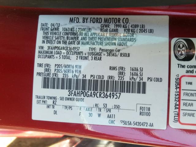 Photo 9 VIN: 3FAHP0GA9CR364957 - FORD FUSION S 