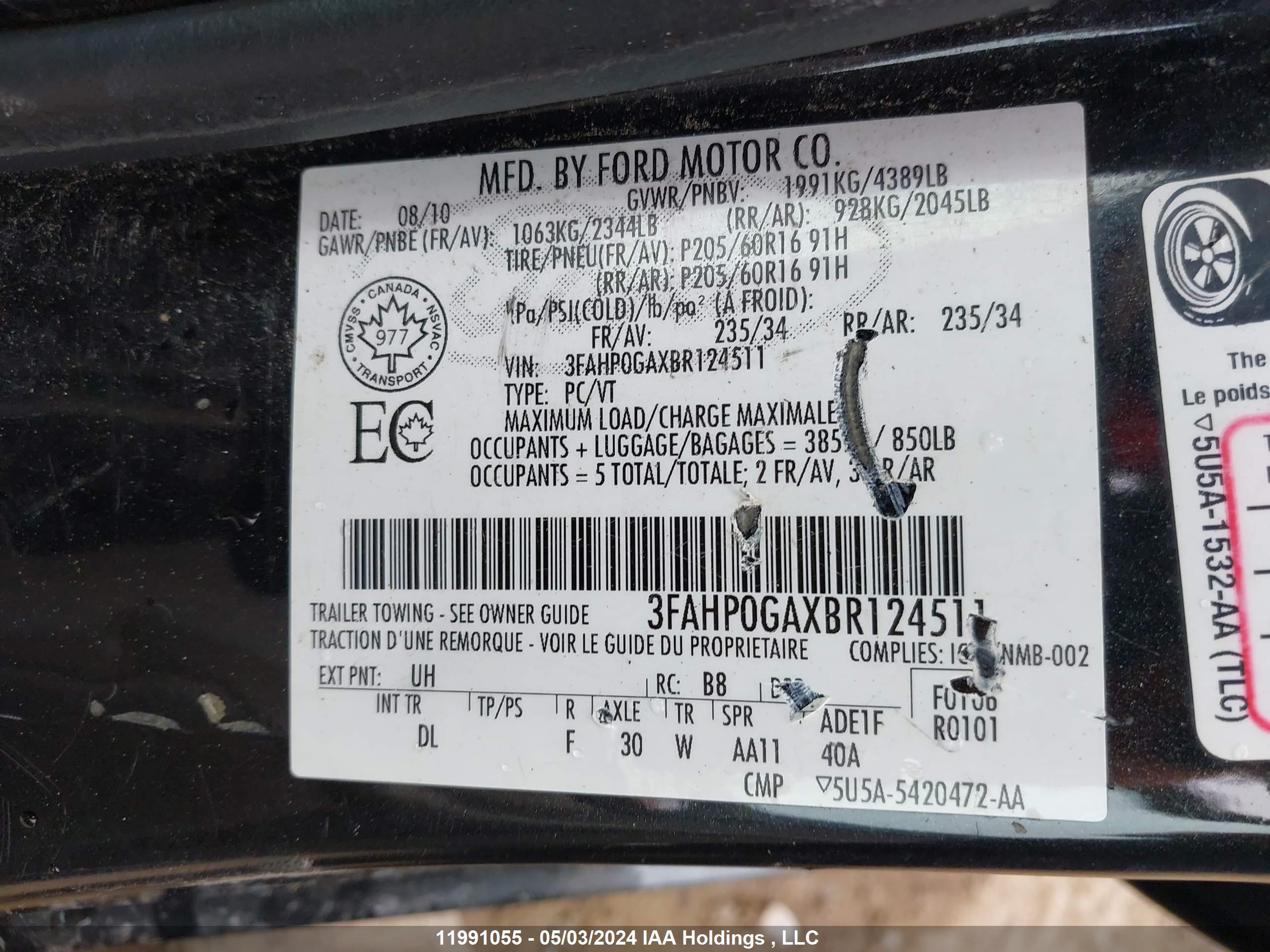 Photo 8 VIN: 3FAHP0GAXBR124511 - FORD FUSION 