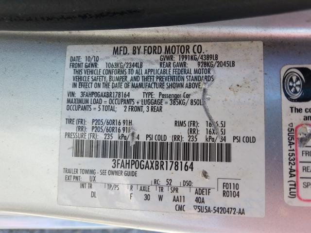 Photo 9 VIN: 3FAHP0GAXBR178164 - FORD FUSION S 