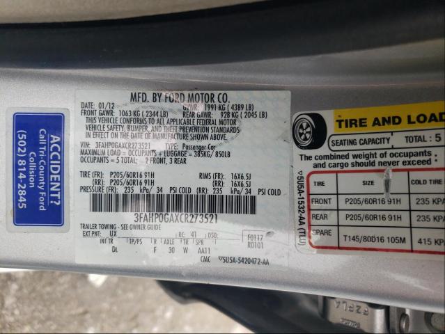 Photo 9 VIN: 3FAHP0GAXCR273521 - FORD FUSION S 