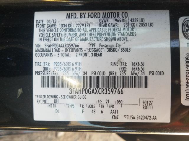 Photo 9 VIN: 3FAHP0GAXCR359766 - FORD FUSION S 