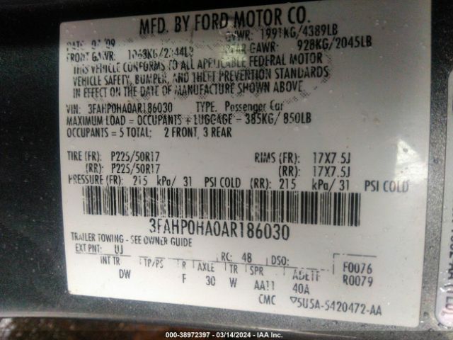 Photo 8 VIN: 3FAHP0HA0AR186030 - FORD FUSION 