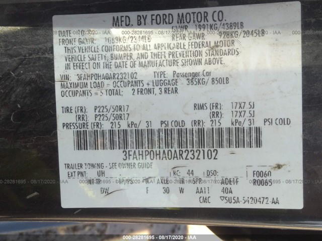 Photo 8 VIN: 3FAHP0HA0AR232102 - FORD FUSION 