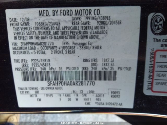 Photo 8 VIN: 3FAHP0HA0AR281770 - FORD FUSION 