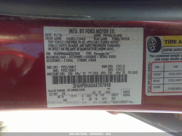 Photo 8 VIN: 3FAHP0HA0AR307848 - FORD FUSION 