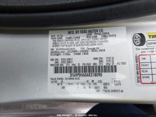 Photo 8 VIN: 3FAHP0HA0AR318090 - FORD FUSION 