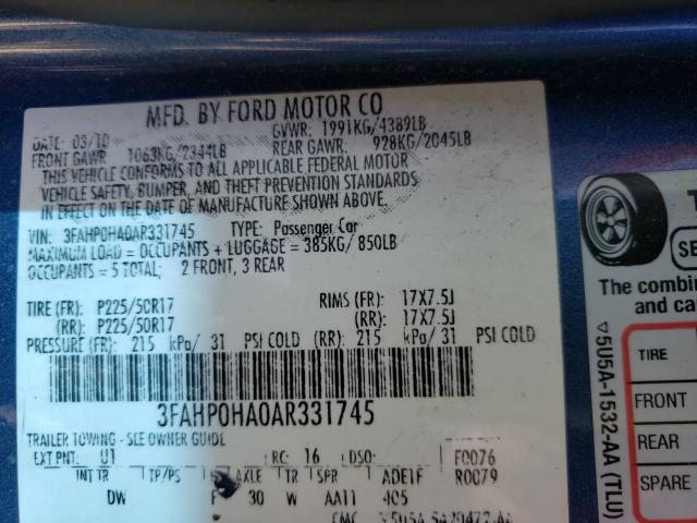 Photo 9 VIN: 3FAHP0HA0AR331745 - FORD FUSION SE 