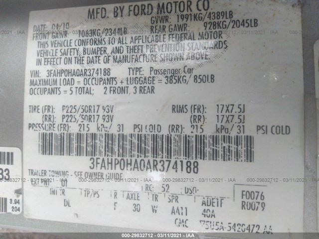 Photo 8 VIN: 3FAHP0HA0AR374188 - FORD FUSION 