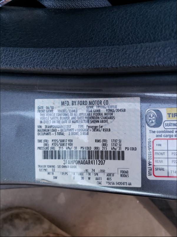 Photo 9 VIN: 3FAHP0HA0AR411207 - FORD FUSION SE 