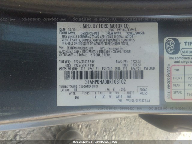 Photo 8 VIN: 3FAHP0HA0BR103102 - FORD FUSION 