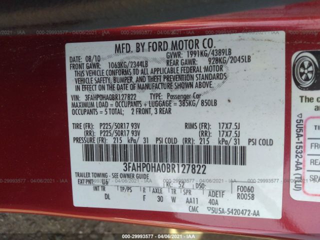 Photo 8 VIN: 3FAHP0HA0BR127822 - FORD FUSION 