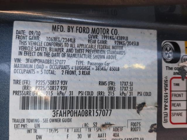 Photo 9 VIN: 3FAHP0HA0BR157077 - FORD FUSION SE 