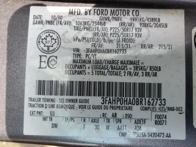 Photo 11 VIN: 3FAHP0HA0BR162733 - FORD FUSION SE 