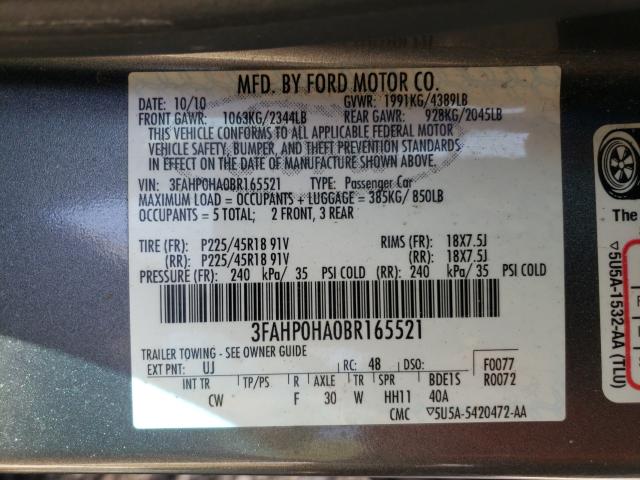 Photo 9 VIN: 3FAHP0HA0BR165521 - FORD FUSION SE 