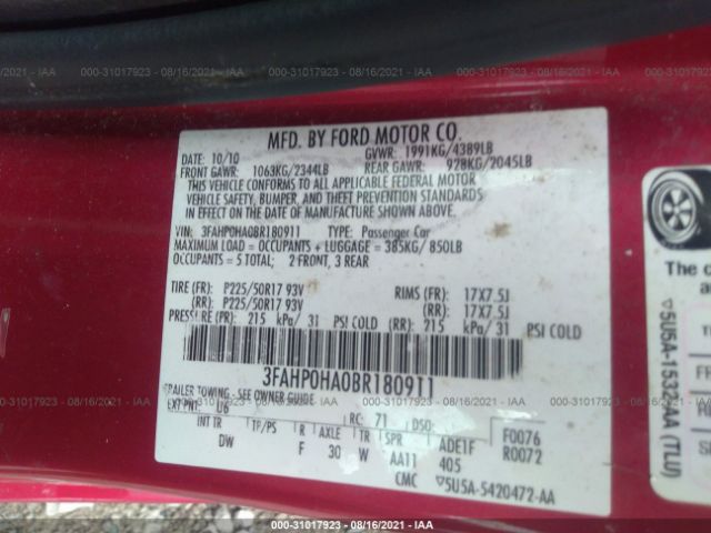 Photo 8 VIN: 3FAHP0HA0BR180911 - FORD FUSION 