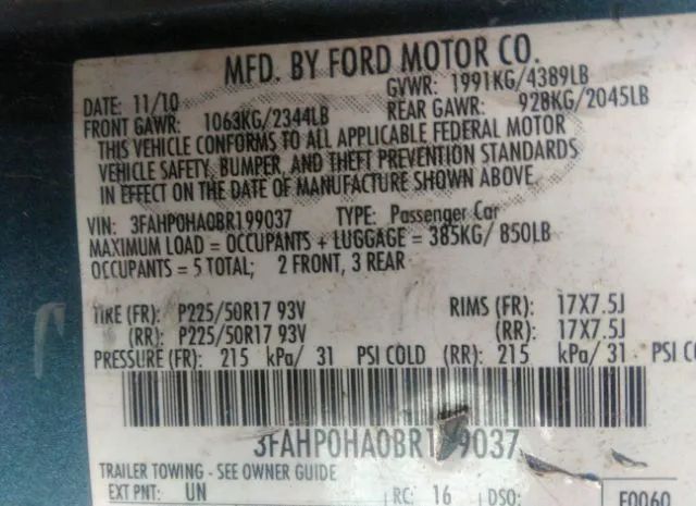 Photo 8 VIN: 3FAHP0HA0BR199037 - FORD FUSION 