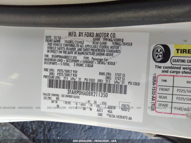 Photo 8 VIN: 3FAHP0HA0BR211350 - FORD FUSION 