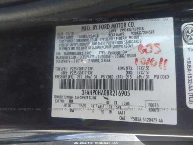 Photo 8 VIN: 3FAHP0HA0BR216905 - FORD FUSION 