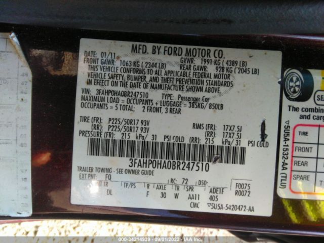 Photo 8 VIN: 3FAHP0HA0BR247510 - FORD FUSION 