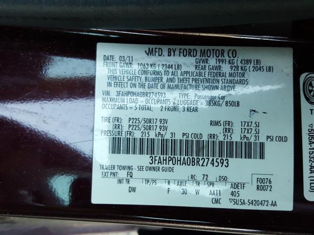 Photo 9 VIN: 3FAHP0HA0BR274593 - FORD FUSION SE 