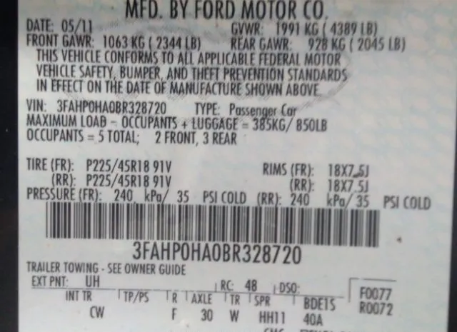 Photo 8 VIN: 3FAHP0HA0BR328720 - FORD FUSION 