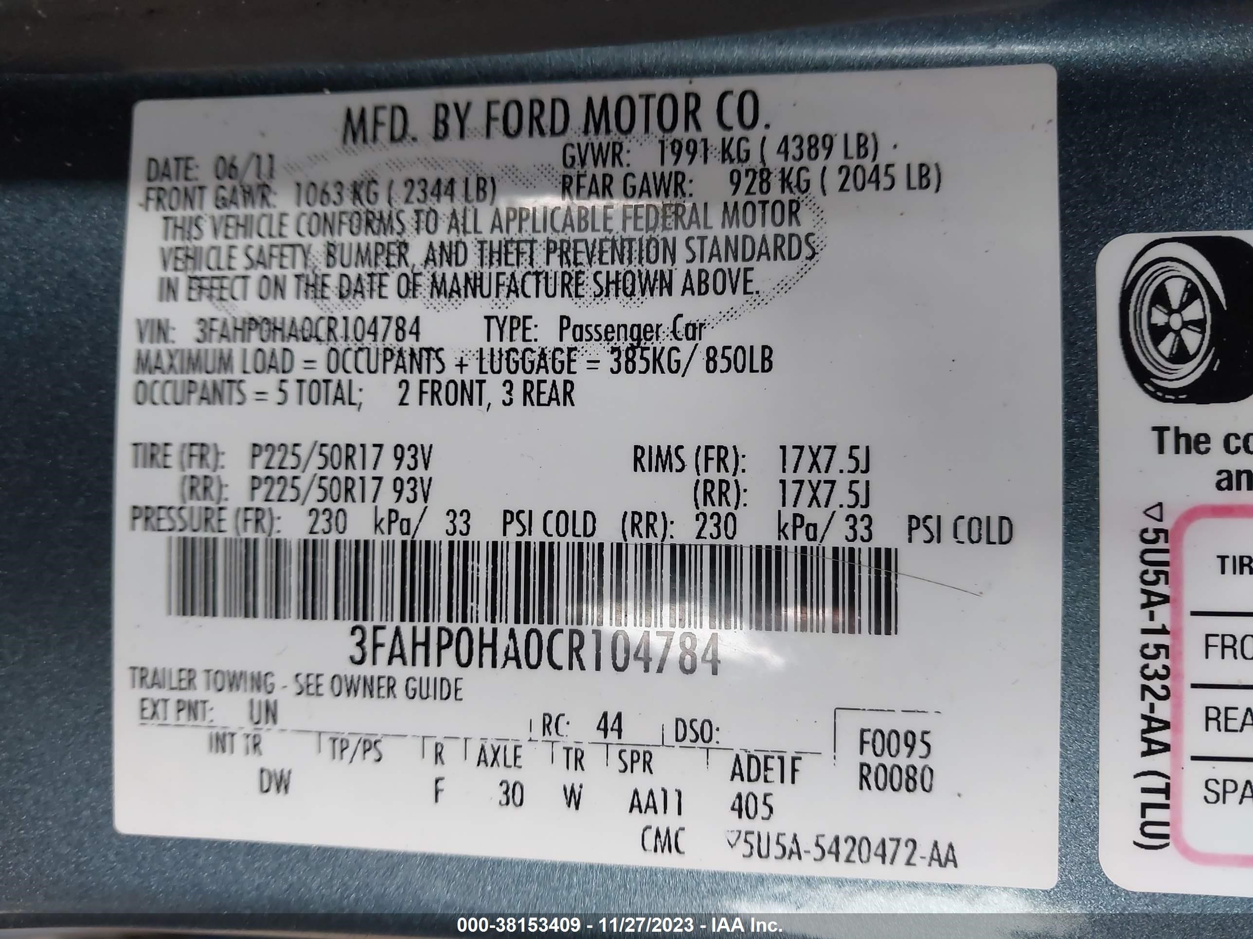 Photo 8 VIN: 3FAHP0HA0CR104784 - FORD FUSION 