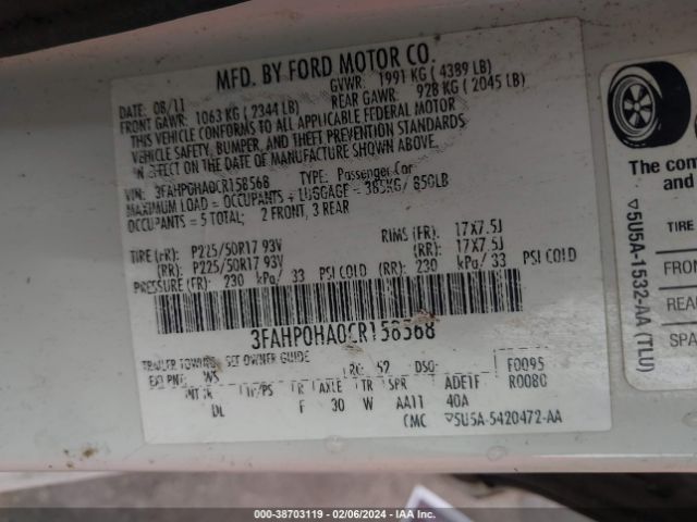 Photo 8 VIN: 3FAHP0HA0CR158568 - FORD FUSION 