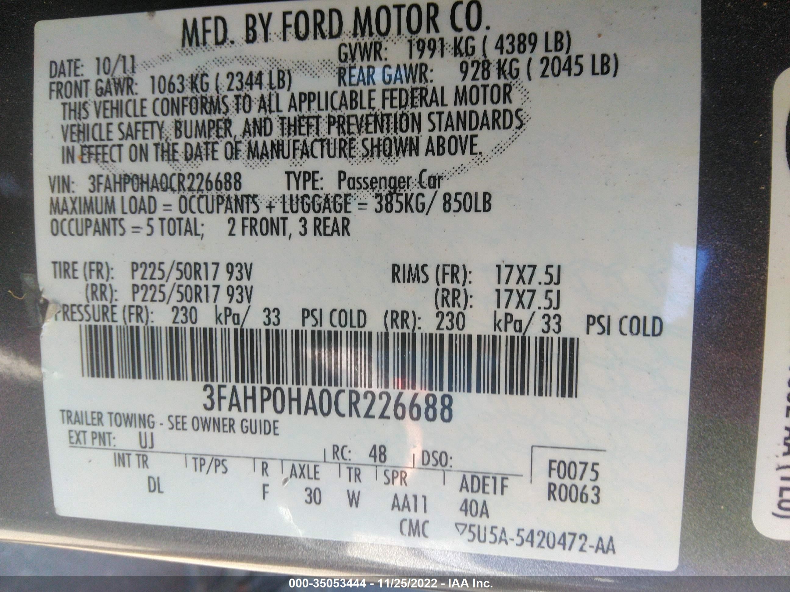 Photo 8 VIN: 3FAHP0HA0CR226688 - FORD FUSION 