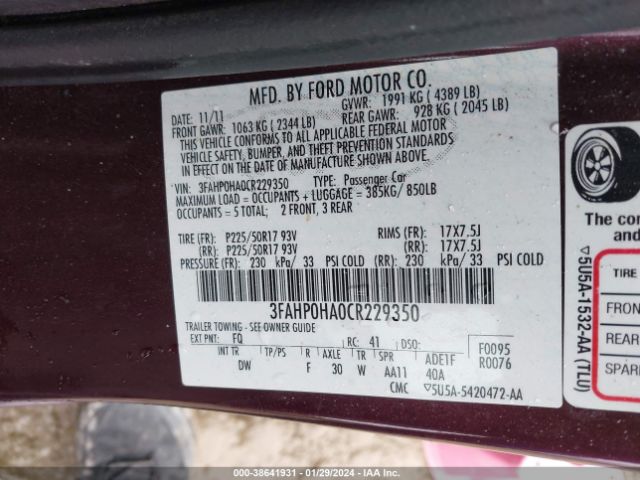 Photo 8 VIN: 3FAHP0HA0CR229350 - FORD FUSION 