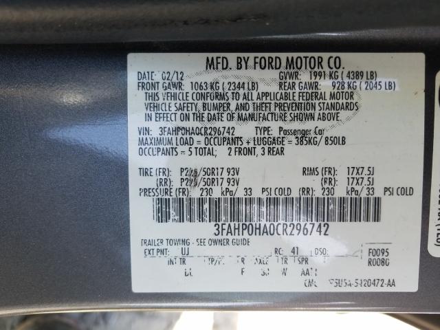 Photo 9 VIN: 3FAHP0HA0CR296742 - FORD FUSION SE 