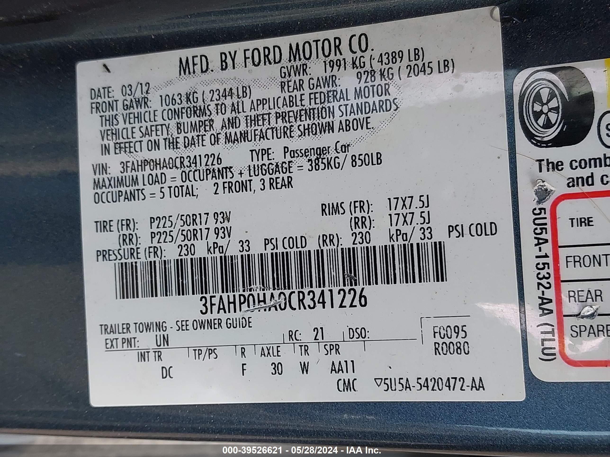 Photo 8 VIN: 3FAHP0HA0CR341226 - FORD FUSION 