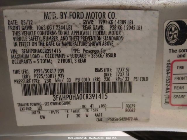 Photo 8 VIN: 3FAHP0HA0CR391415 - FORD FUSION 