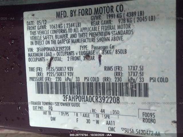 Photo 8 VIN: 3FAHP0HA0CR392208 - FORD FUSION 