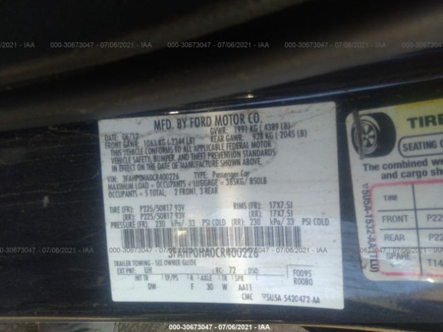 Photo 8 VIN: 3FAHP0HA0CR400226 - FORD FUSION 