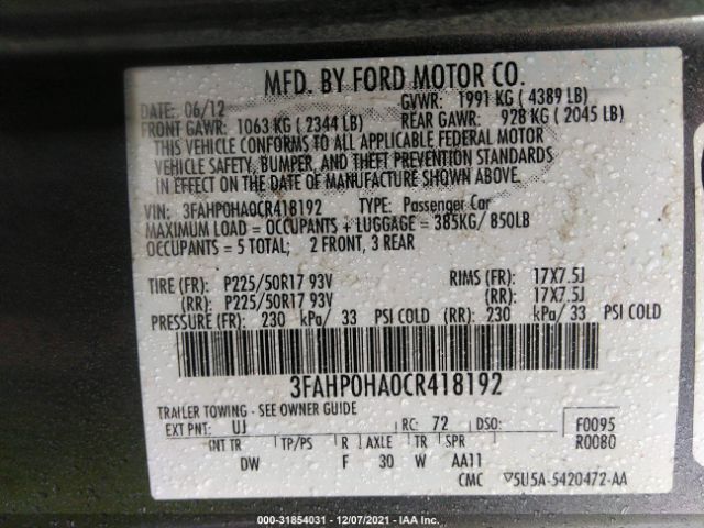 Photo 8 VIN: 3FAHP0HA0CR418192 - FORD FUSION 