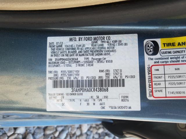 Photo 9 VIN: 3FAHP0HA0CR438068 - FORD FUSION SE 