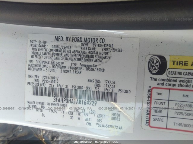 Photo 8 VIN: 3FAHP0HA1AR164229 - FORD FUSION 