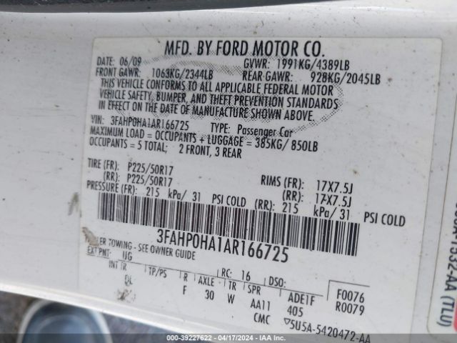 Photo 8 VIN: 3FAHP0HA1AR166725 - FORD FUSION 