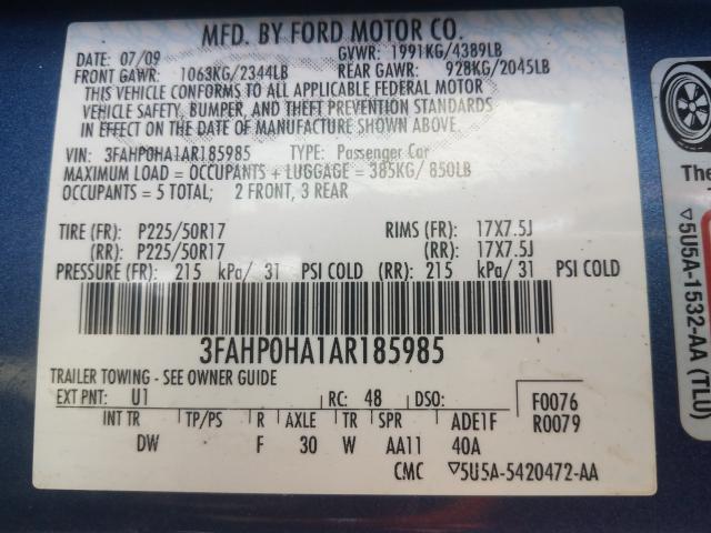 Photo 9 VIN: 3FAHP0HA1AR185985 - FORD FUSION SE 