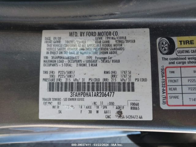 Photo 8 VIN: 3FAHP0HA1AR206477 - FORD FUSION 