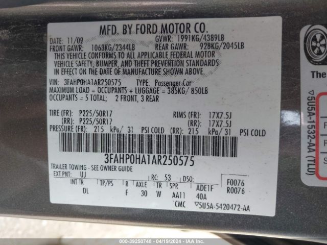 Photo 8 VIN: 3FAHP0HA1AR250575 - FORD FUSION 