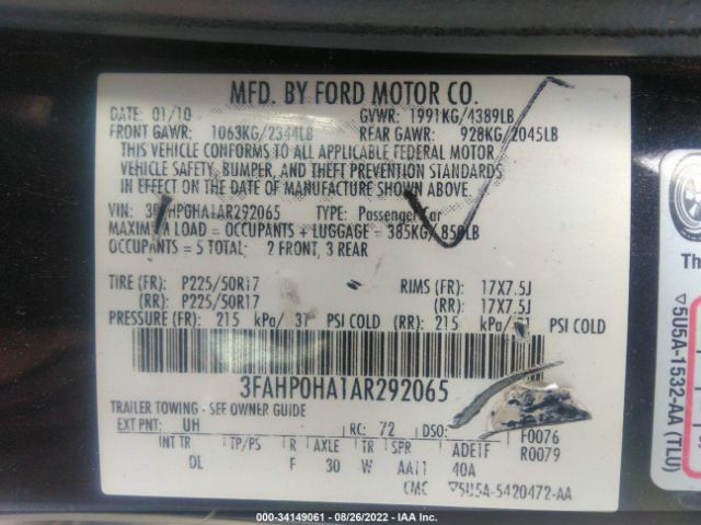 Photo 8 VIN: 3FAHP0HA1AR292065 - FORD FUSION 