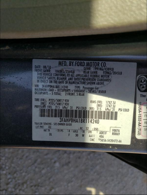 Photo 9 VIN: 3FAHP0HA1BR114240 - FORD FUSION SE 