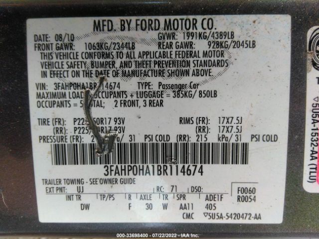 Photo 8 VIN: 3FAHP0HA1BR114674 - FORD FUSION 