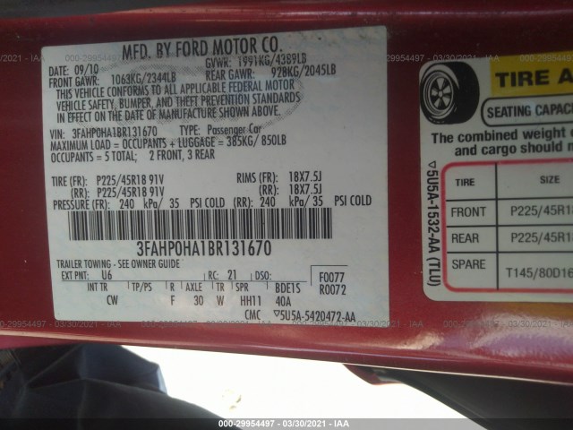 Photo 8 VIN: 3FAHP0HA1BR131670 - FORD FUSION 