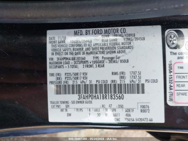 Photo 8 VIN: 3FAHP0HA1BR183560 - FORD FUSION 